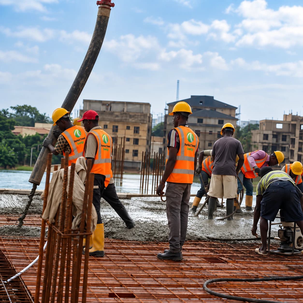 Construction crew in branded hi-vis vests and hard hats pouring a concrete slab