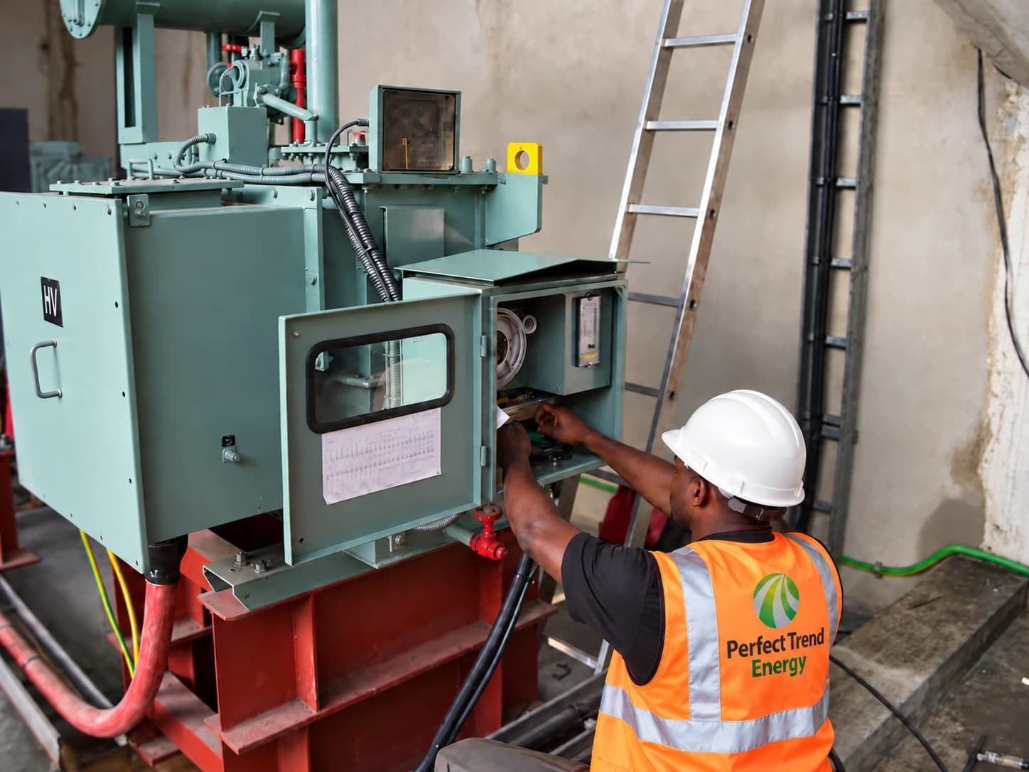 Engineer in a branded hi-vis vest and hard hat wiring a transformer control panel